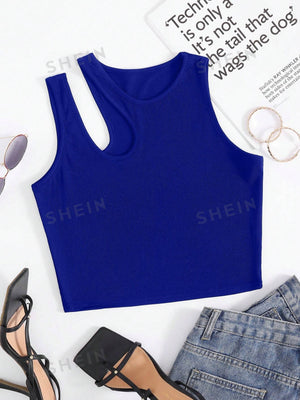 Plus Cut Out Ribbed Knit Asymmetrical Neck Crop Top - Negative Apparel