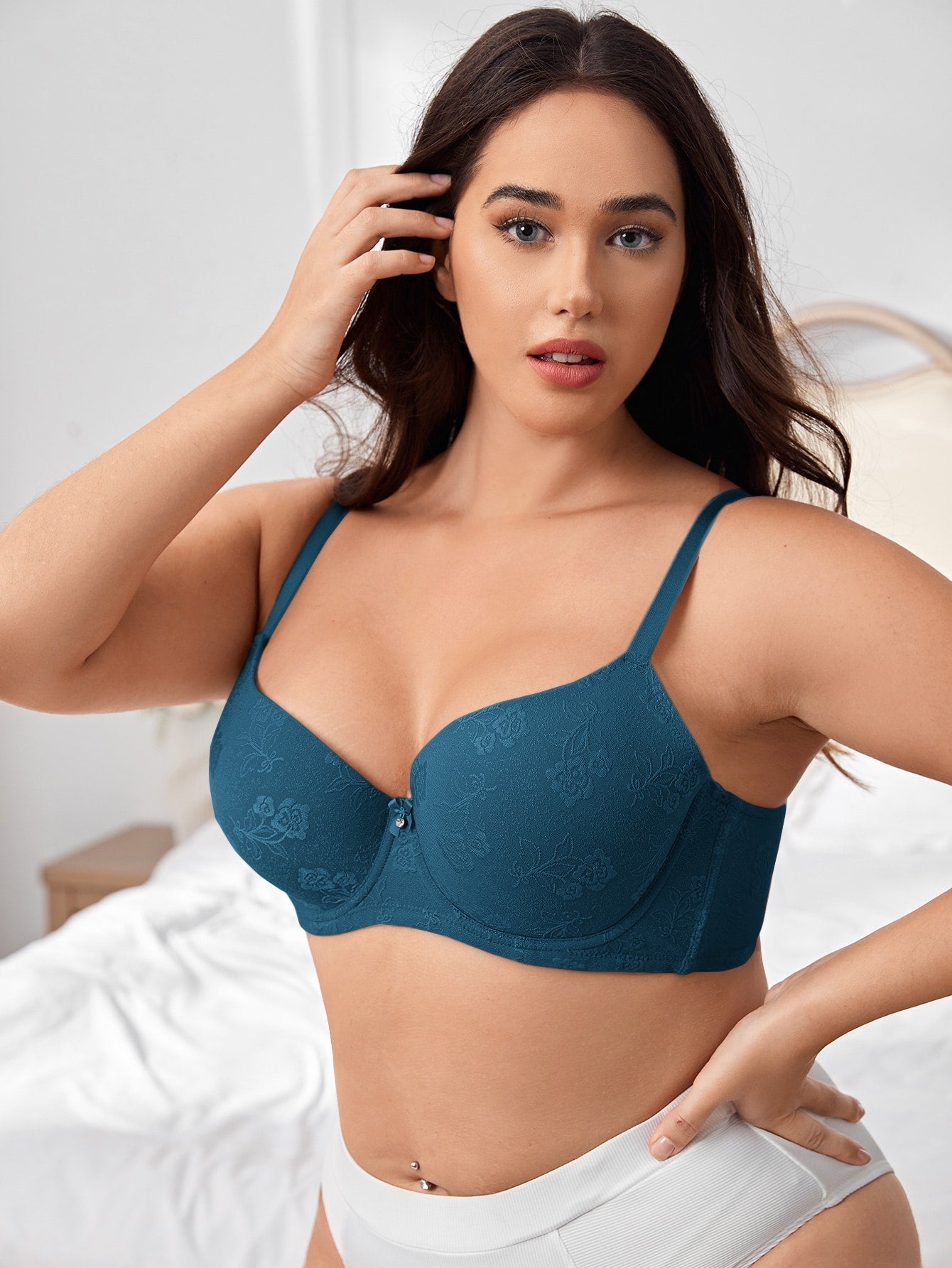 Plus Floral Jacquard Bow Front Push Up Bra - Negative Apparel