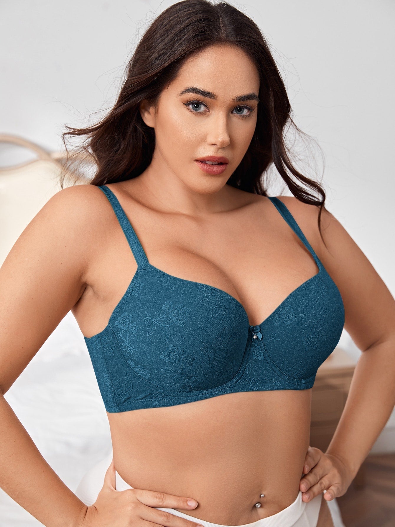 Plus Floral Jacquard Bow Front Push Up Bra - Negative Apparel