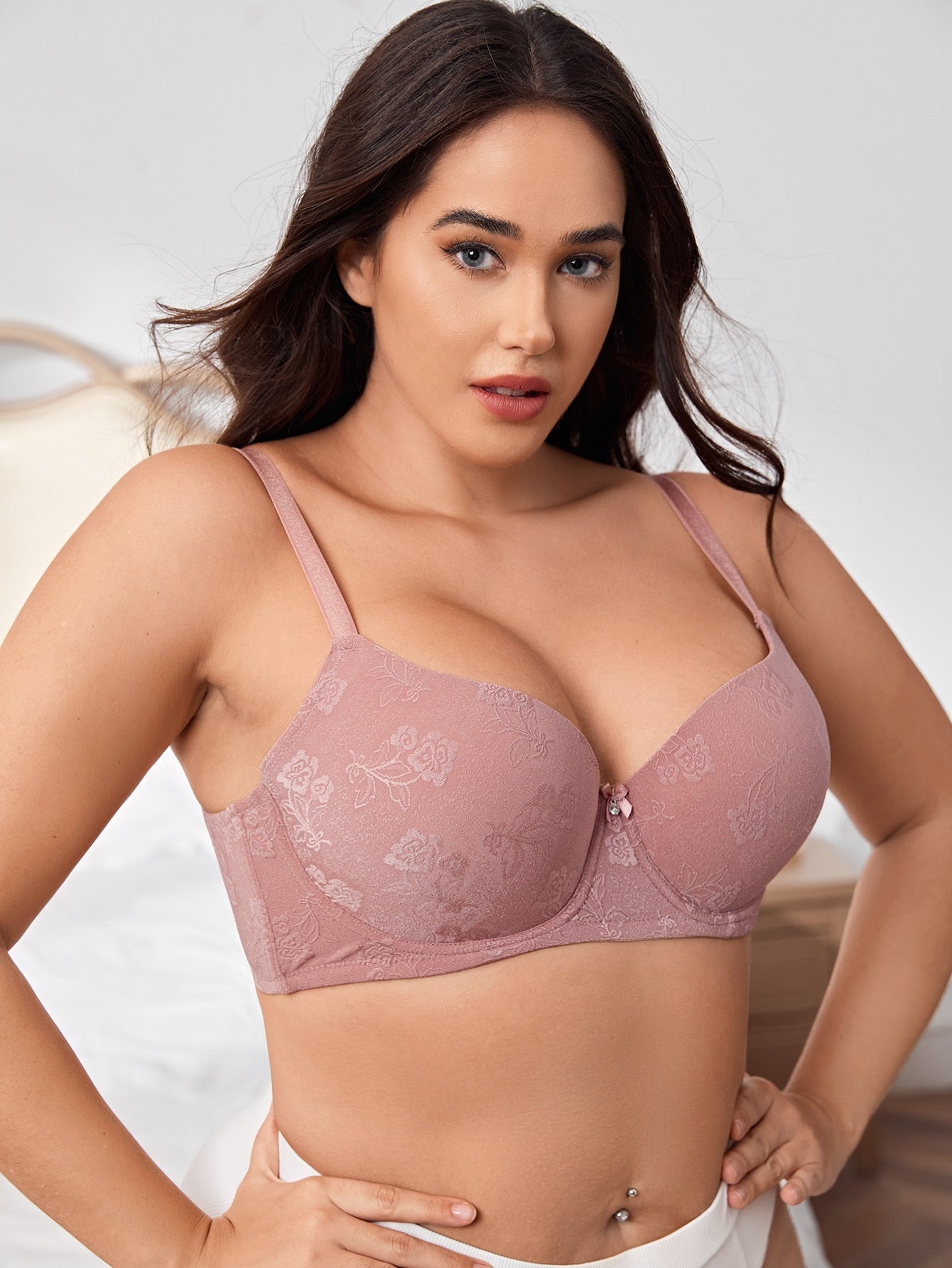Plus Floral Jacquard Bow Front Push Up Bra - Negative Apparel
