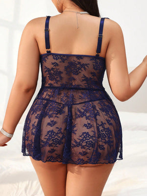 Plus Size Lace Sexy Lingerie Dress With Underwire And Thong Set, 2pcs - Negative Apparel