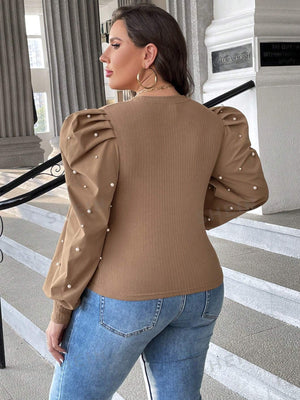 Plus Size Pearls Beaded Lantern Sleeve Slim Stretchy Ribbed Top - Negative Apparel