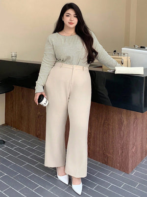 Plus Size Solid Color Fitted Suit & Straight Leg Pants, All Season Women Dress Pants - Negative Apparel