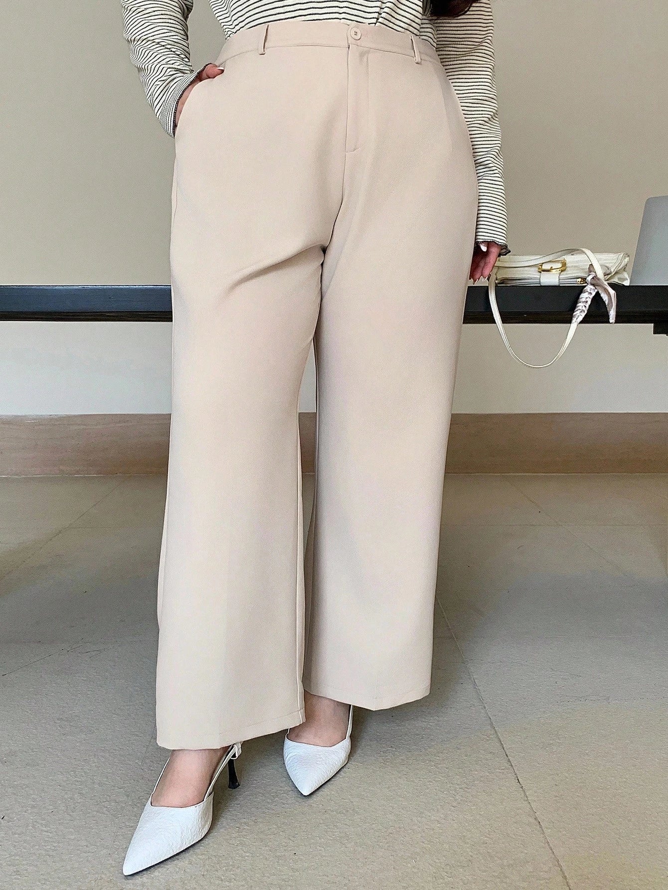 Plus Size Solid Color Fitted Suit & Straight Leg Pants, All Season Women Dress Pants - Negative Apparel