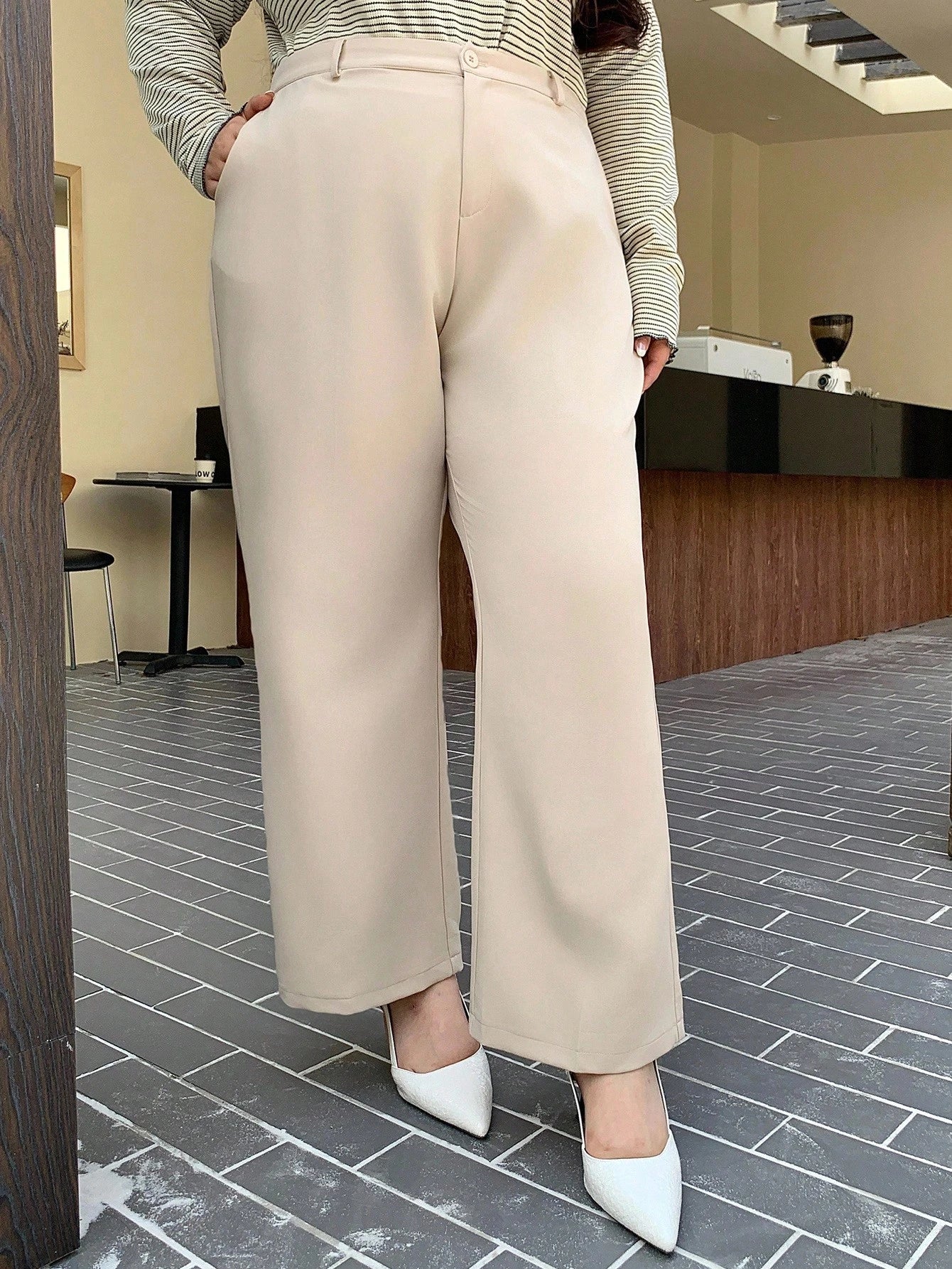 Plus Size Solid Color Fitted Suit & Straight Leg Pants, All Season Women Dress Pants - Negative Apparel