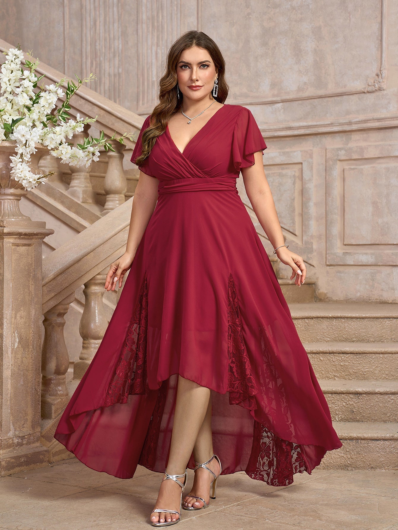 Plus size V - neck short - sleeved dresses, solid color Middle Eastern women's clothing - Negative Apparel