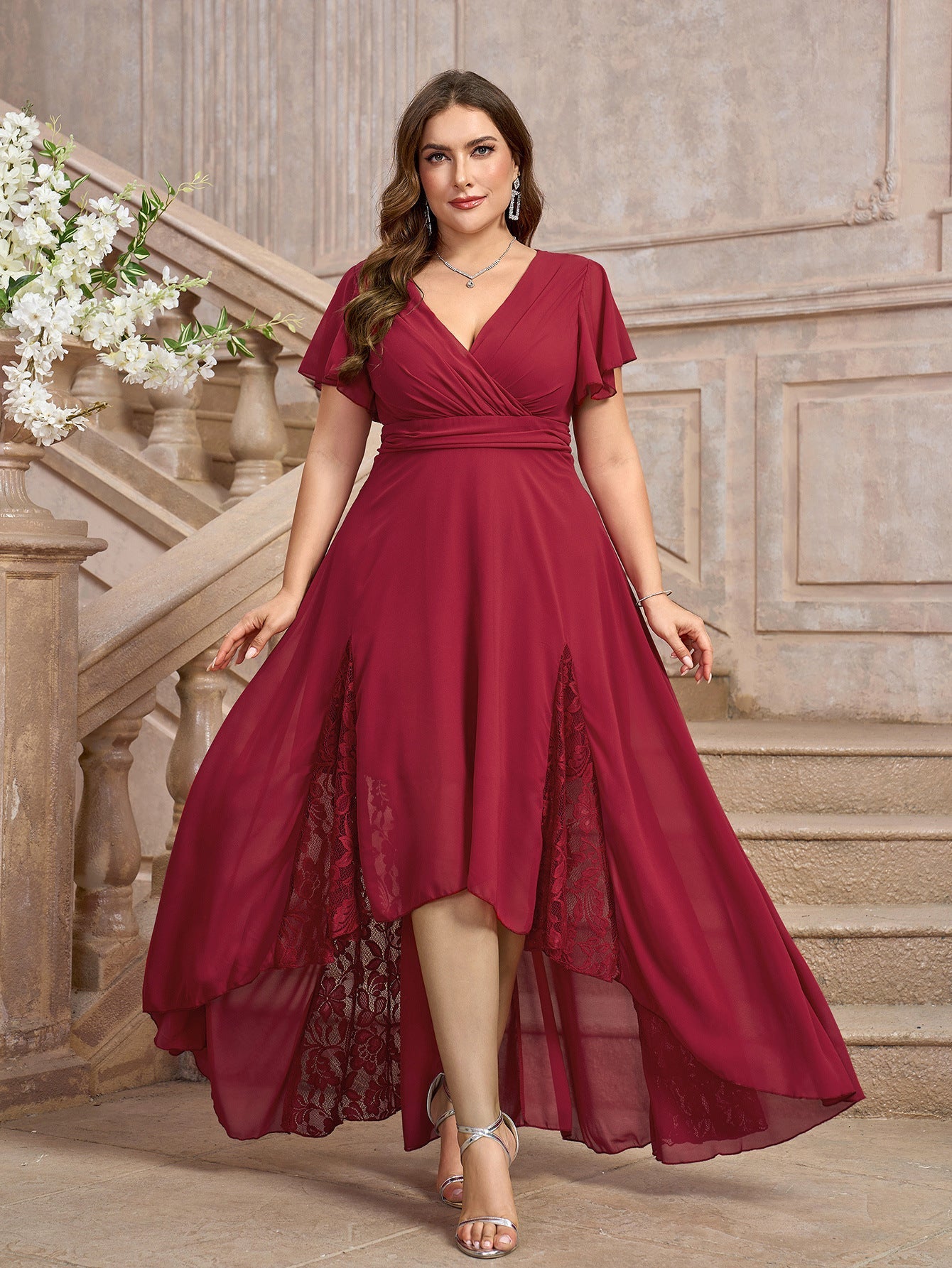 Plus size V - neck short - sleeved dresses, solid color Middle Eastern women's clothing - Negative Apparel
