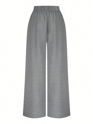 Plus Size Women Button Decorated Waist Crossed Front Seam Long Wide Leg Casual Pants - Negative Apparel