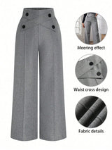 Plus Size Women Button Decorated Waist Crossed Front Seam Long Wide Leg Casual Pants - Negative Apparel