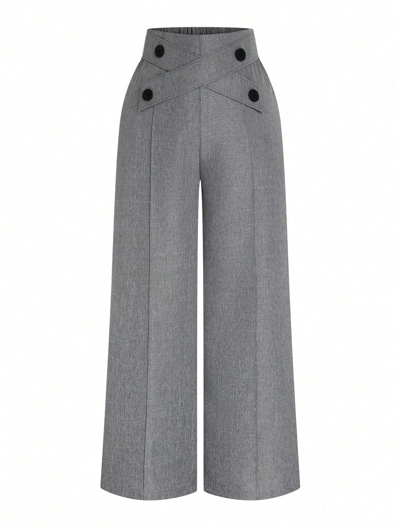 Plus Size Women Button Decorated Waist Crossed Front Seam Long Wide Leg Casual Pants - Negative Apparel