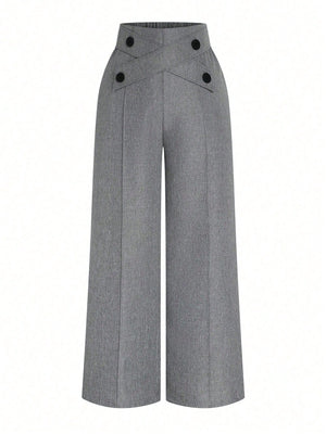 Plus Size Women Button Decorated Waist Crossed Front Seam Long Wide Leg Casual Pants - Negative Apparel