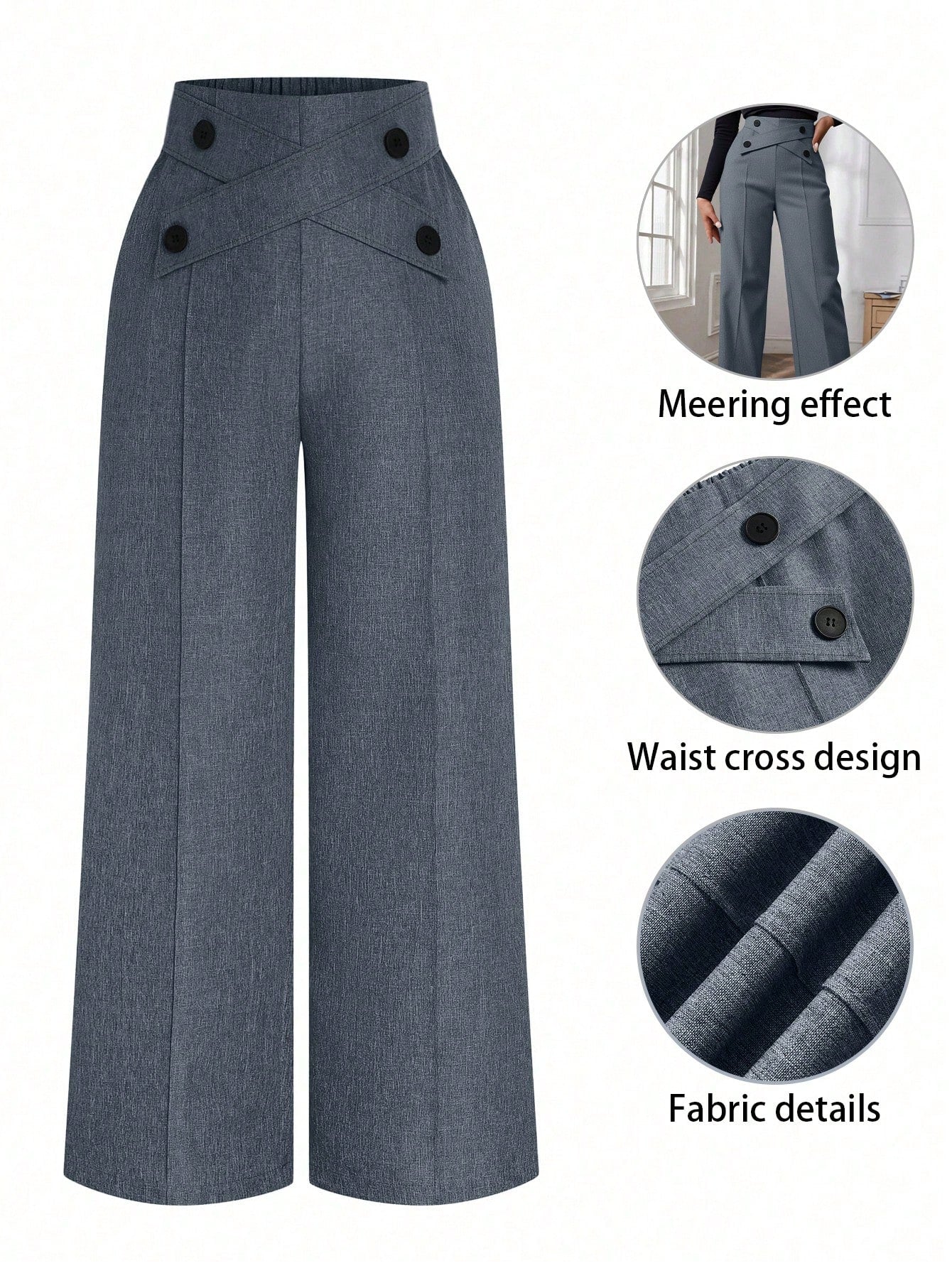 Plus Size Women Button Decorated Waist Crossed Front Seam Long Wide Leg Casual Pants - Negative Apparel