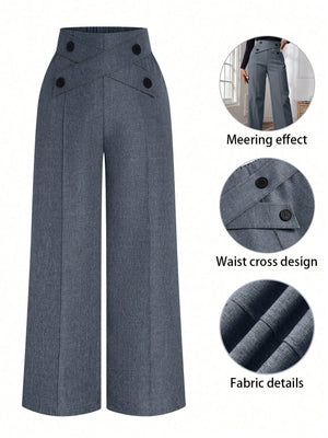 Plus Size Women Button Decorated Waist Crossed Front Seam Long Wide Leg Casual Pants - Negative Apparel