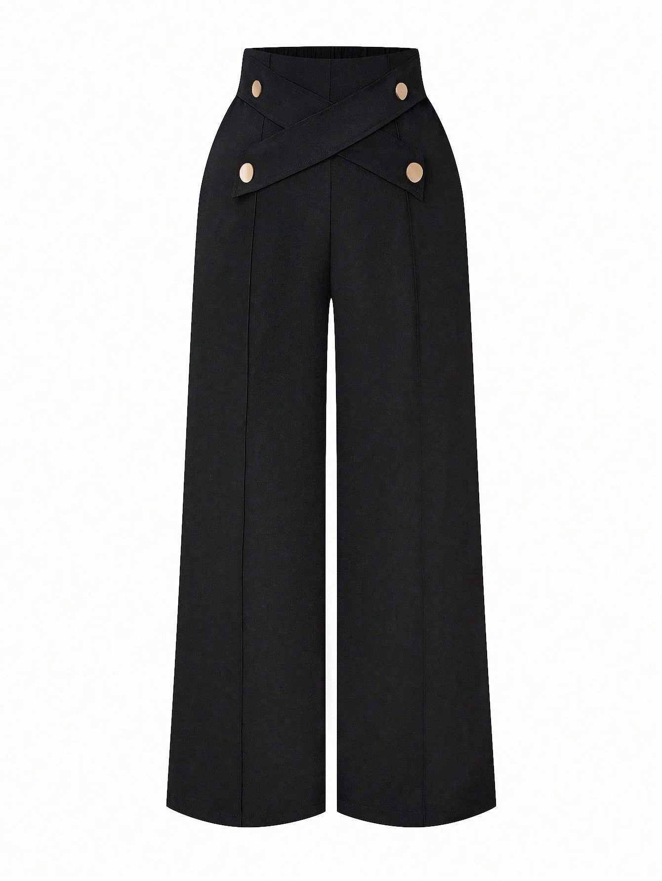 Plus Size Women Button Decorated Waist Crossed Front Seam Long Wide Leg Casual Pants - Negative Apparel