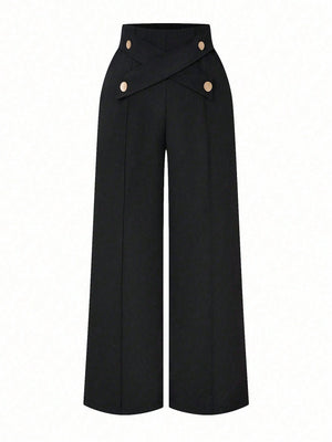 Plus Size Women Button Decorated Waist Crossed Front Seam Long Wide Leg Casual Pants - Negative Apparel