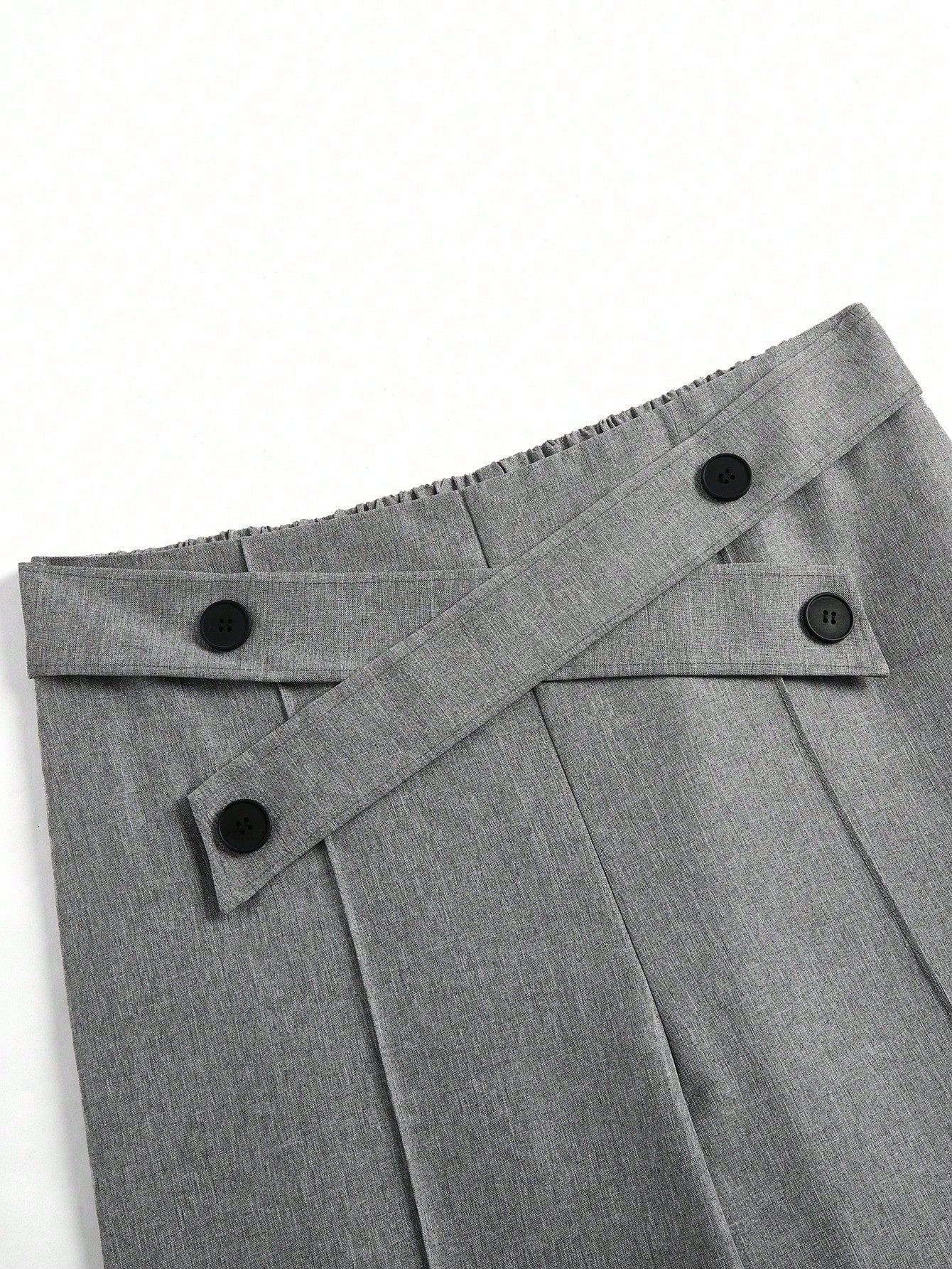 Plus Size Women Button Decorated Waist Crossed Front Seam Long Wide Leg Casual Pants - Negative Apparel