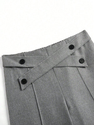 Plus Size Women Button Decorated Waist Crossed Front Seam Long Wide Leg Casual Pants - Negative Apparel