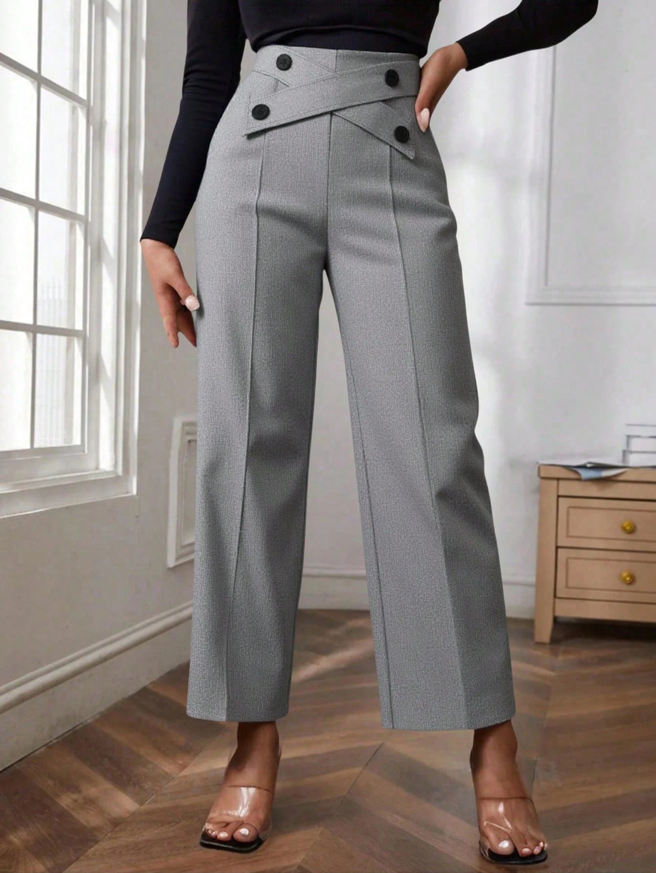Plus Size Women Button Decorated Waist Crossed Front Seam Long Wide Leg Casual Pants - Negative Apparel