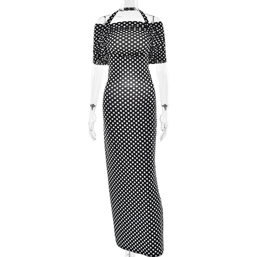 Polka Dot Elegance — Halter Neck High Waist Long Dress - Negative Apparel