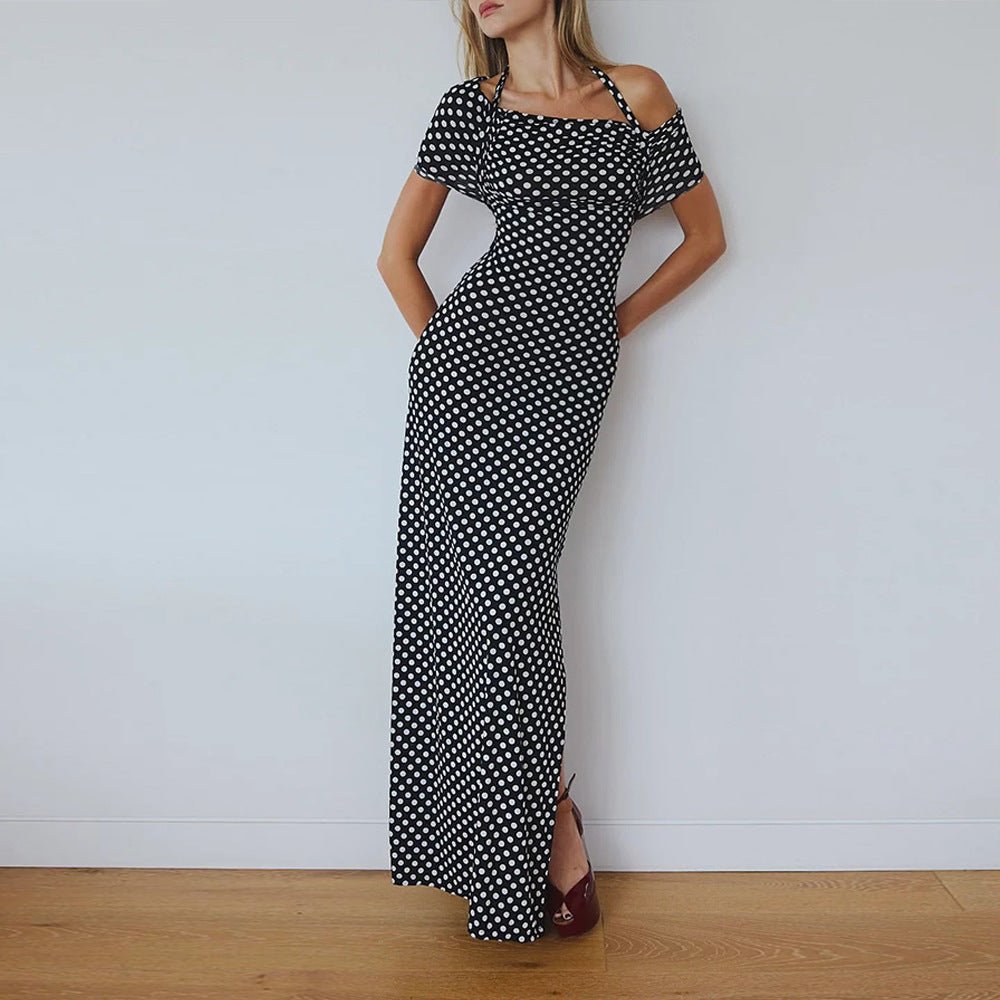 Polka Dot Elegance — Halter Neck High Waist Long Dress - Negative Apparel