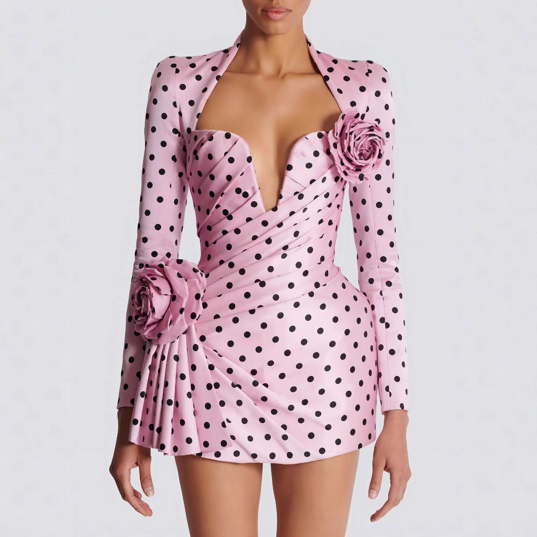 Polka Dot Promenade | Deep V - Neck 3D Floral Mini Dress - Negative Apparel