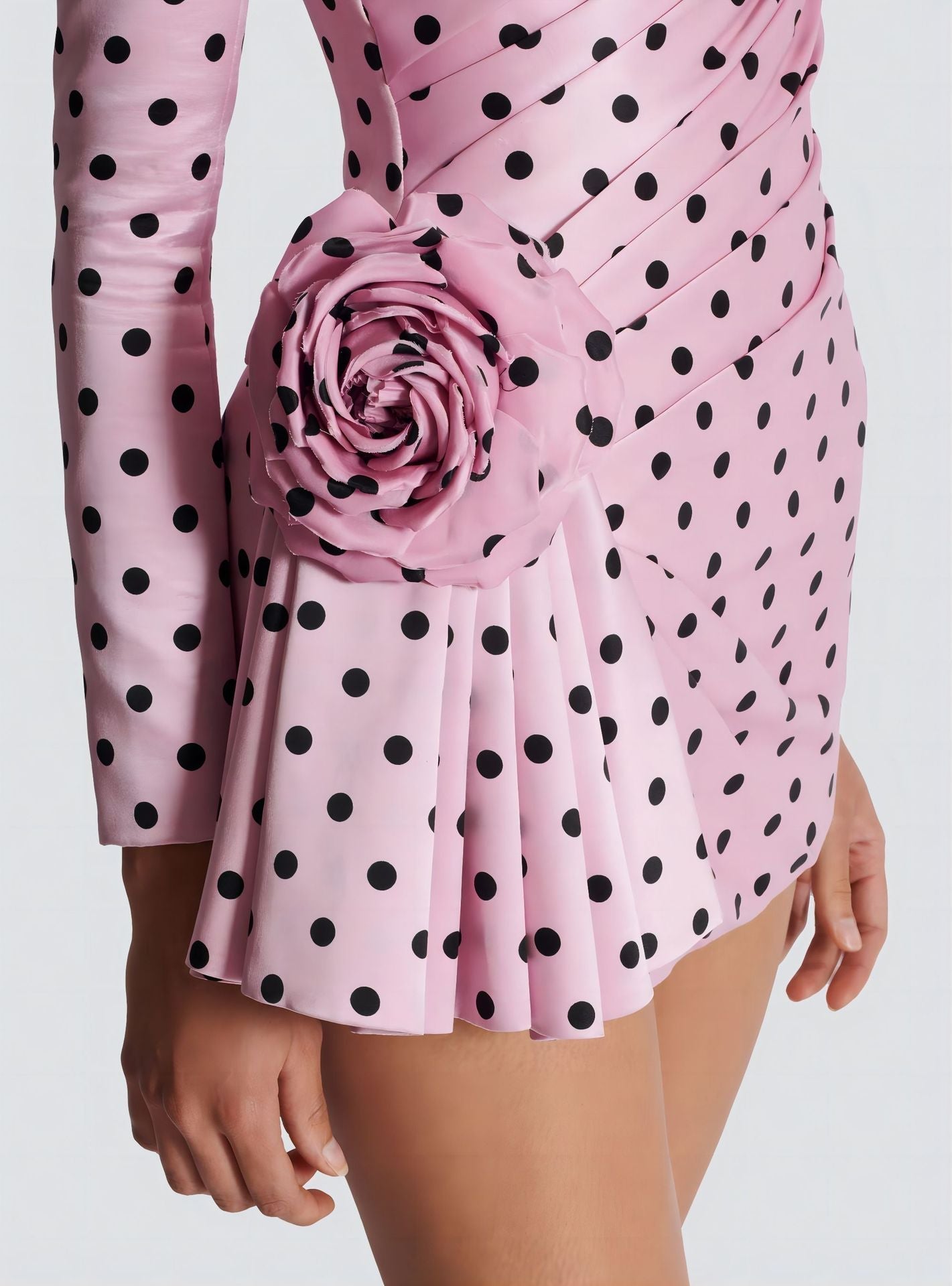 Polka Dot Promenade | Deep V - Neck 3D Floral Mini Dress - Negative Apparel