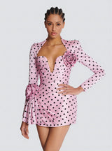 Polka Dot Promenade | Deep V - Neck 3D Floral Mini Dress - Negative Apparel