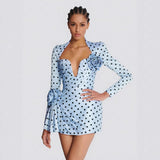 Polka Dot Promenade | Deep V - Neck 3D Floral Mini Dress - Negative Apparel