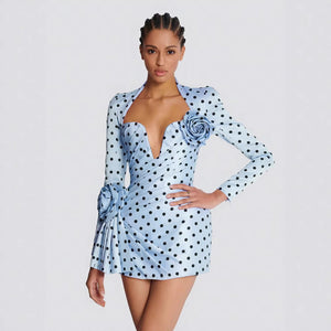 Polka Dot Promenade | Deep V - Neck 3D Floral Mini Dress - Negative Apparel