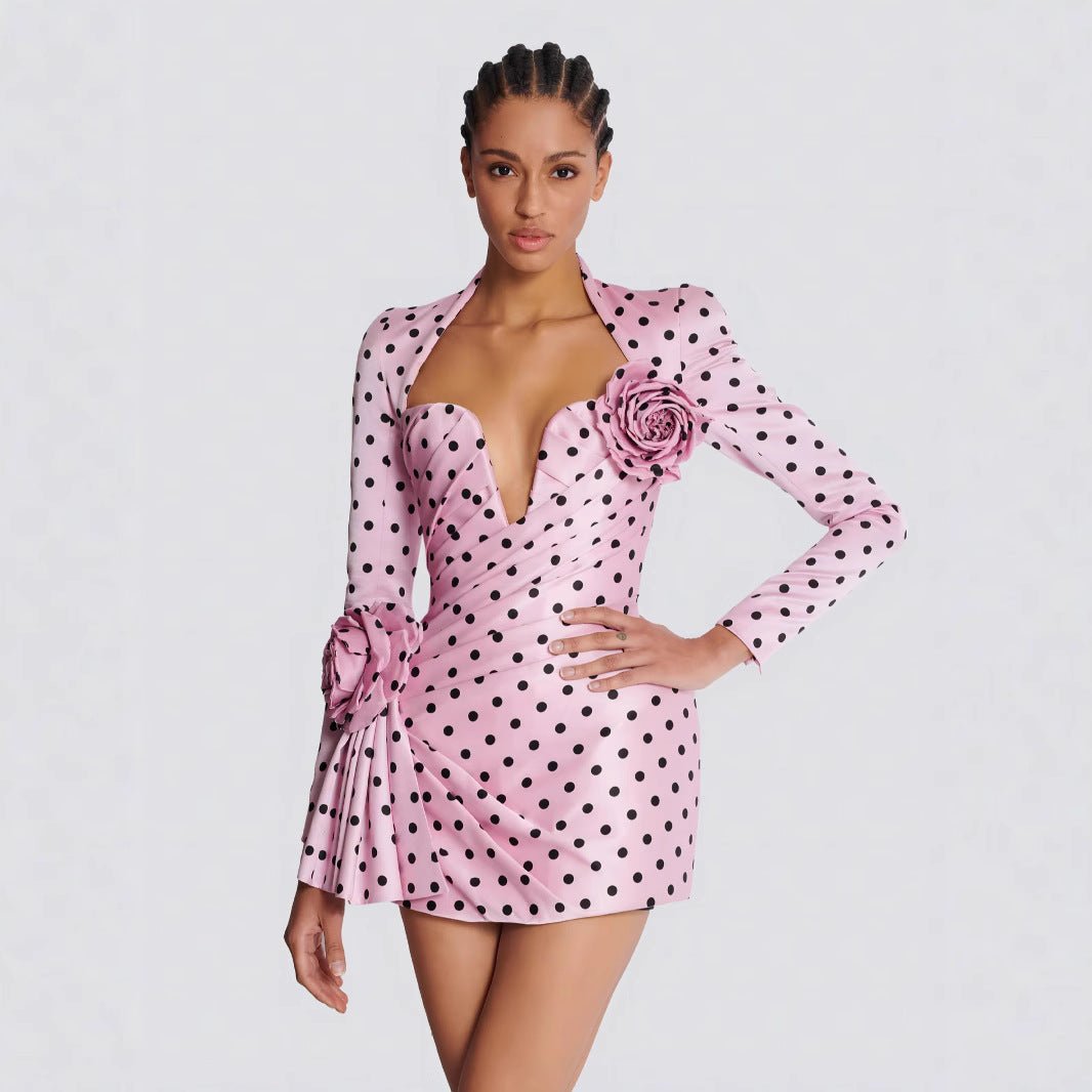 Polka Dot Promenade | Deep V - Neck 3D Floral Mini Dress - Negative Apparel