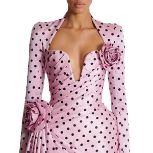 Polka Dot Promenade | Deep V - Neck 3D Floral Mini Dress - Negative Apparel
