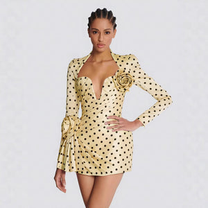 Polka Dot Promenade | Deep V - Neck 3D Floral Mini Dress - Negative Apparel