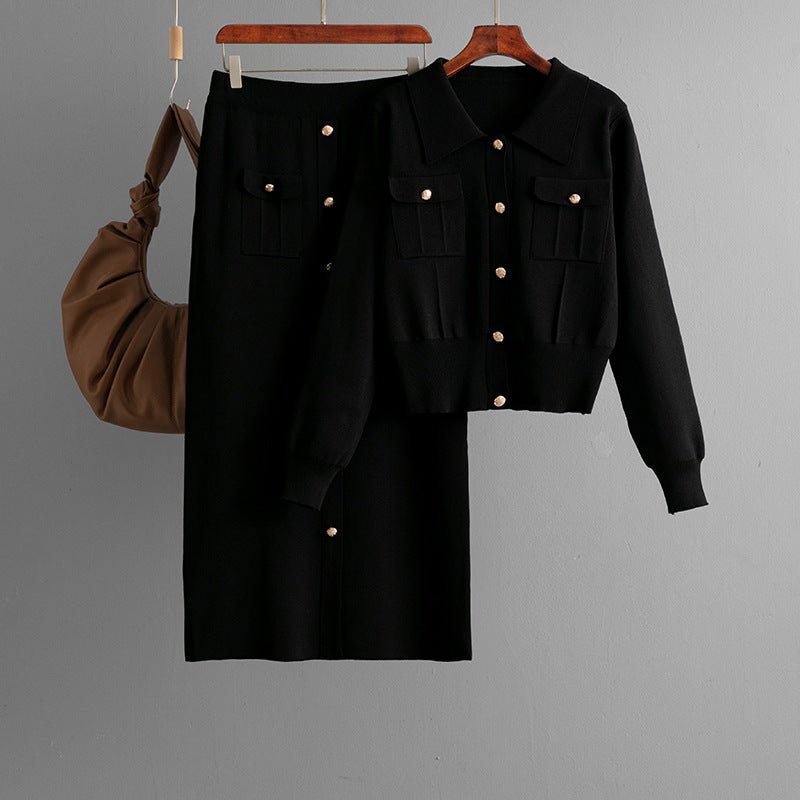 Polo collar fashion suit women's autumn and winter new sweater cardigan top knitted skirt two - piece set - Negative Apparel