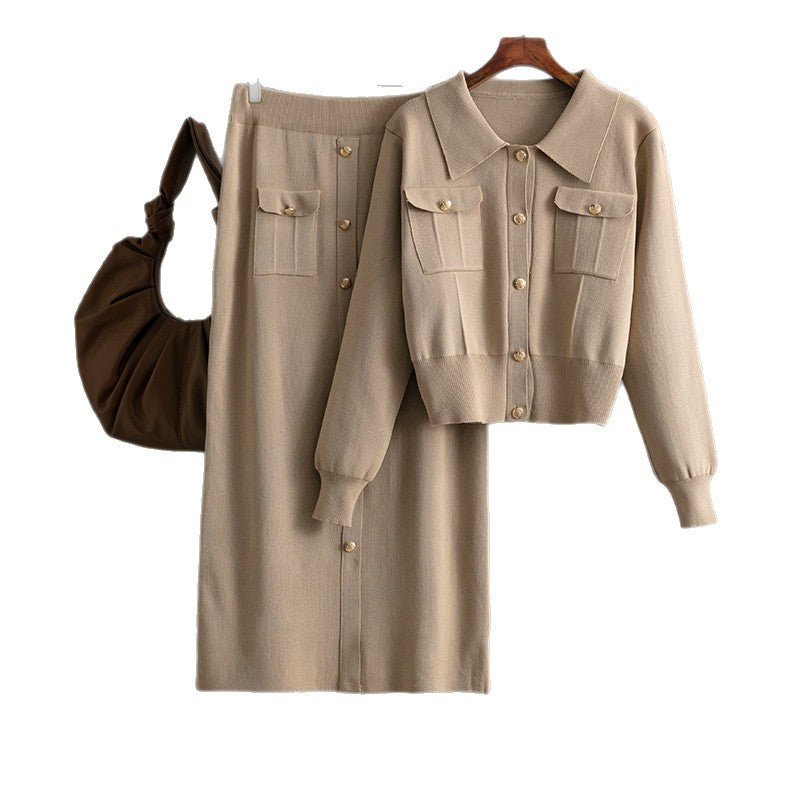 Polo collar fashion suit women's autumn and winter new sweater cardigan top knitted skirt two - piece set - Negative Apparel