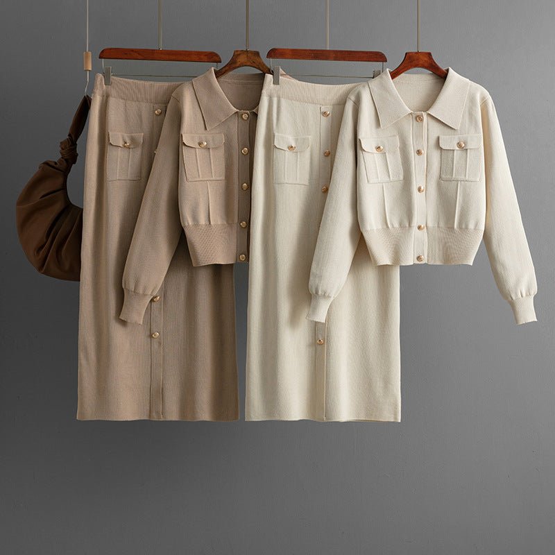 Polo collar fashion suit women's autumn and winter new sweater cardigan top knitted skirt two - piece set - Negative Apparel