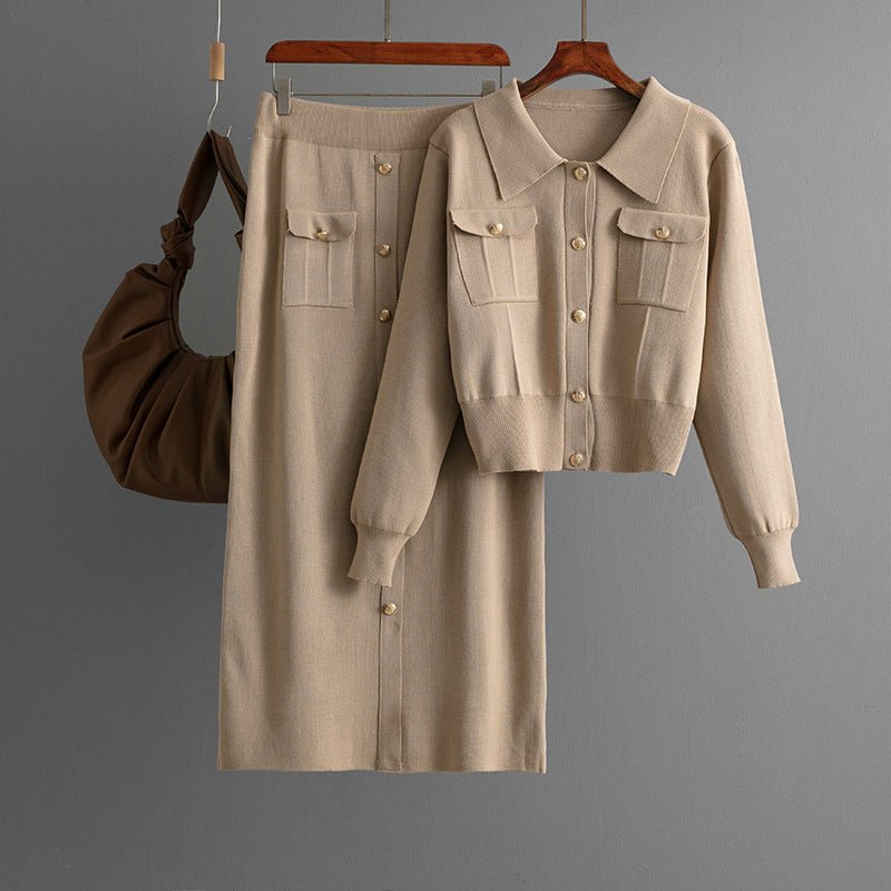 Polo collar fashion suit women's autumn and winter new sweater cardigan top knitted skirt two - piece set - Negative Apparel