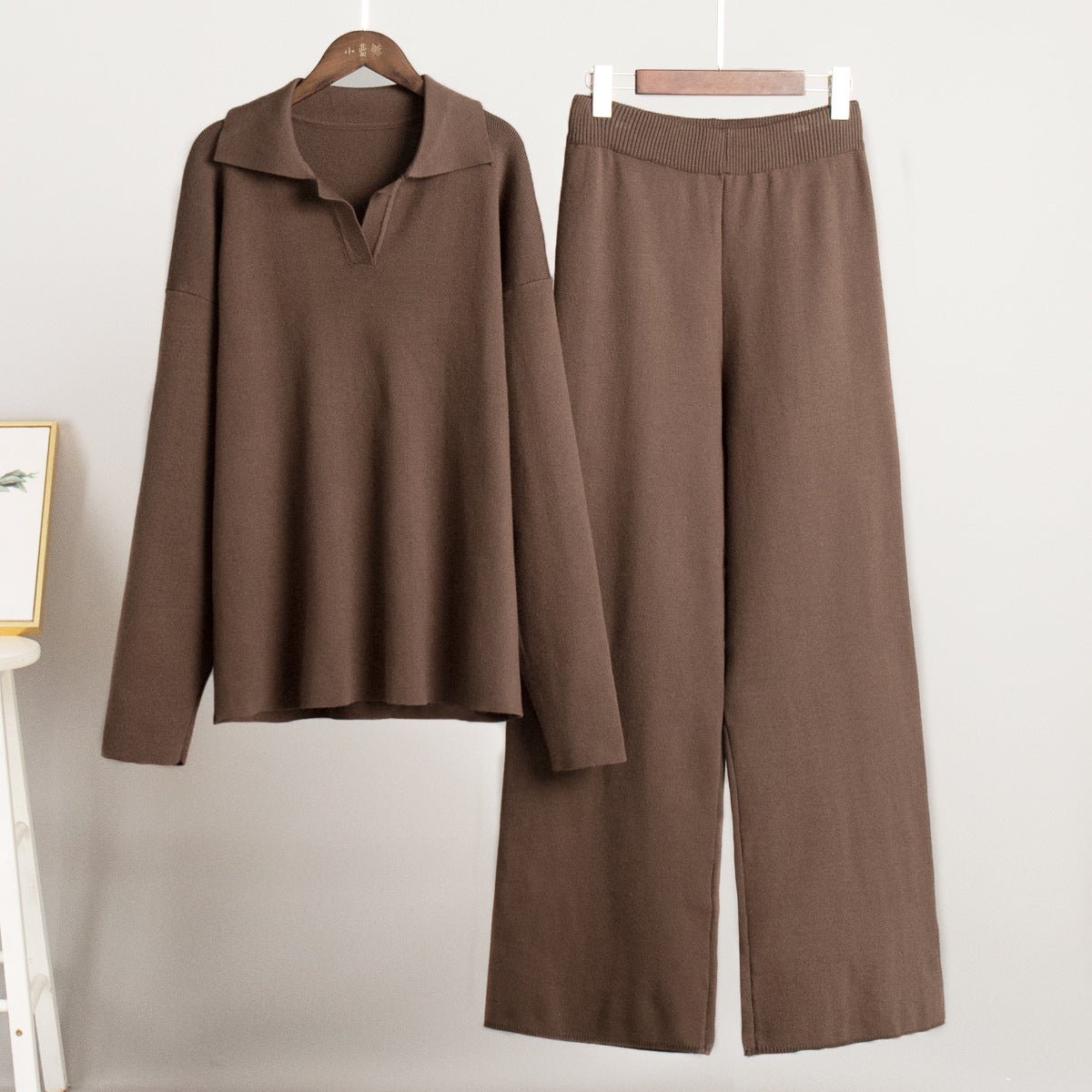 Polo collar knitted pullover + wide - leg trousers two - piece suit - Negative Apparel