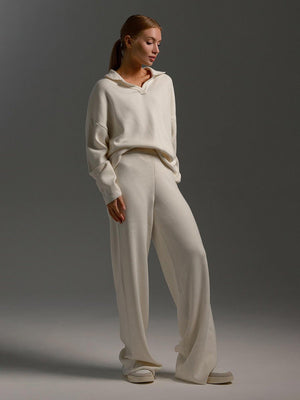 Polo collar knitted pullover + wide - leg trousers two - piece suit - Negative Apparel