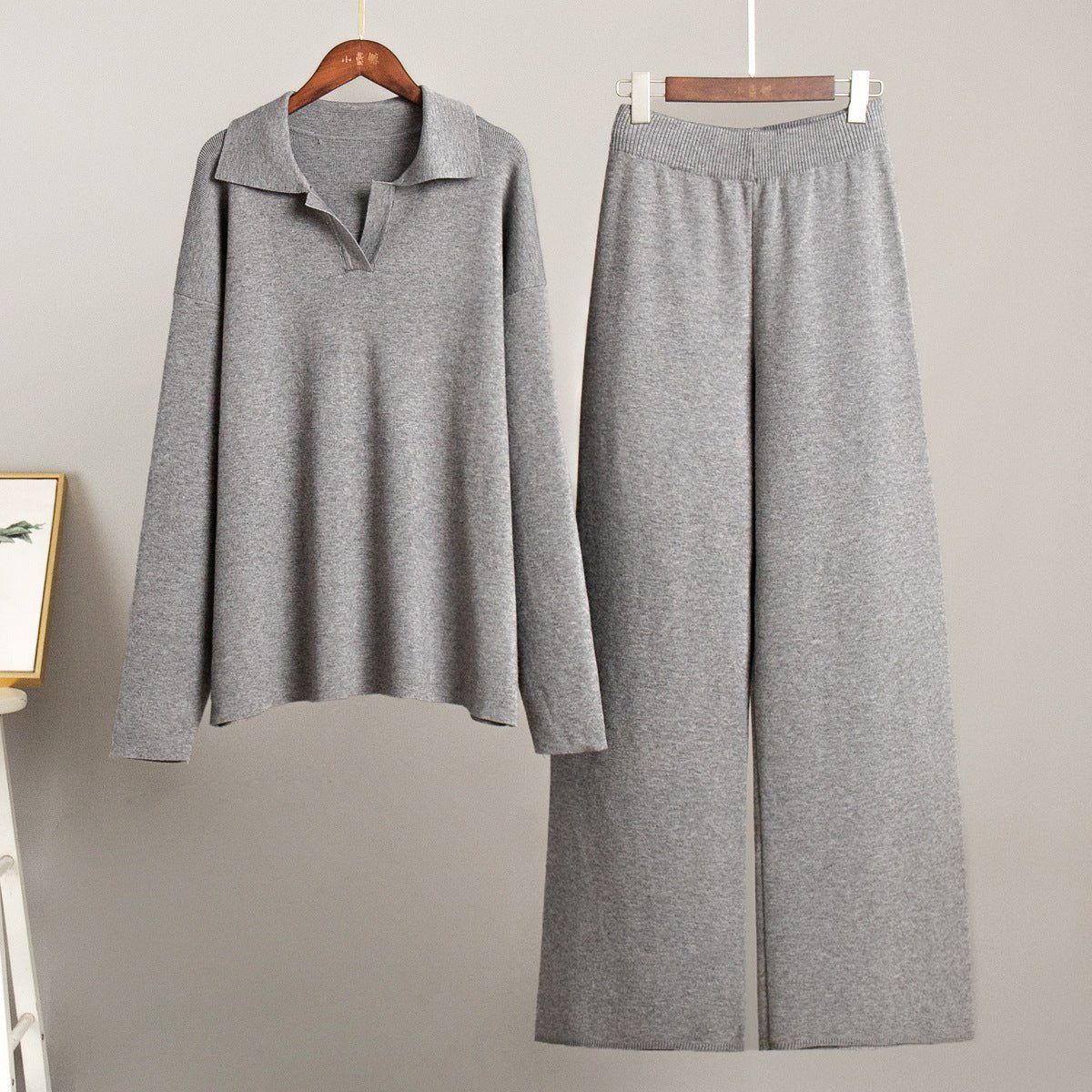 Polo collar knitted pullover + wide - leg trousers two - piece suit - Negative Apparel