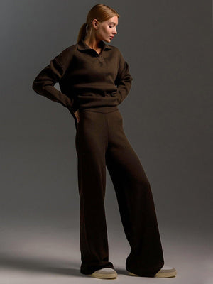 Polo collar knitted pullover + wide - leg trousers two - piece suit - Negative Apparel