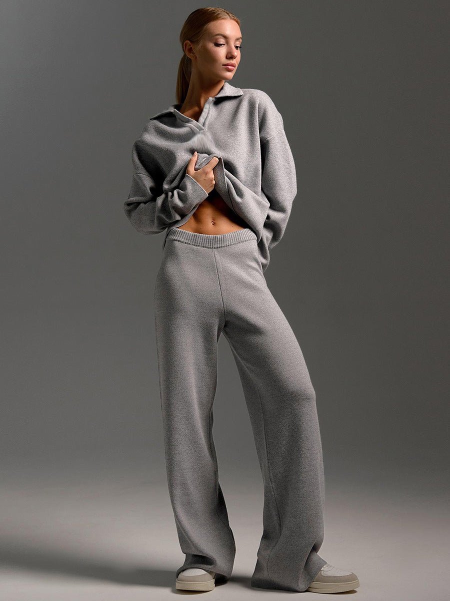 Polo collar knitted pullover + wide - leg trousers two - piece suit - Negative Apparel