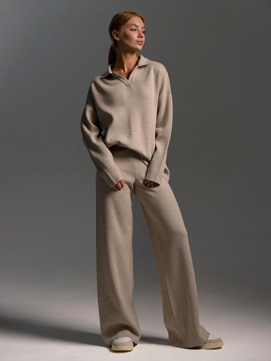 Polo collar knitted pullover + wide - leg trousers two - piece suit - Negative Apparel