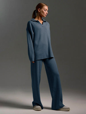 Polo collar knitted pullover + wide - leg trousers two - piece suit - Negative Apparel