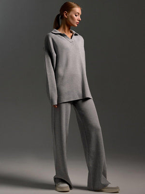 Polo collar knitted pullover + wide - leg trousers two - piece suit - Negative Apparel