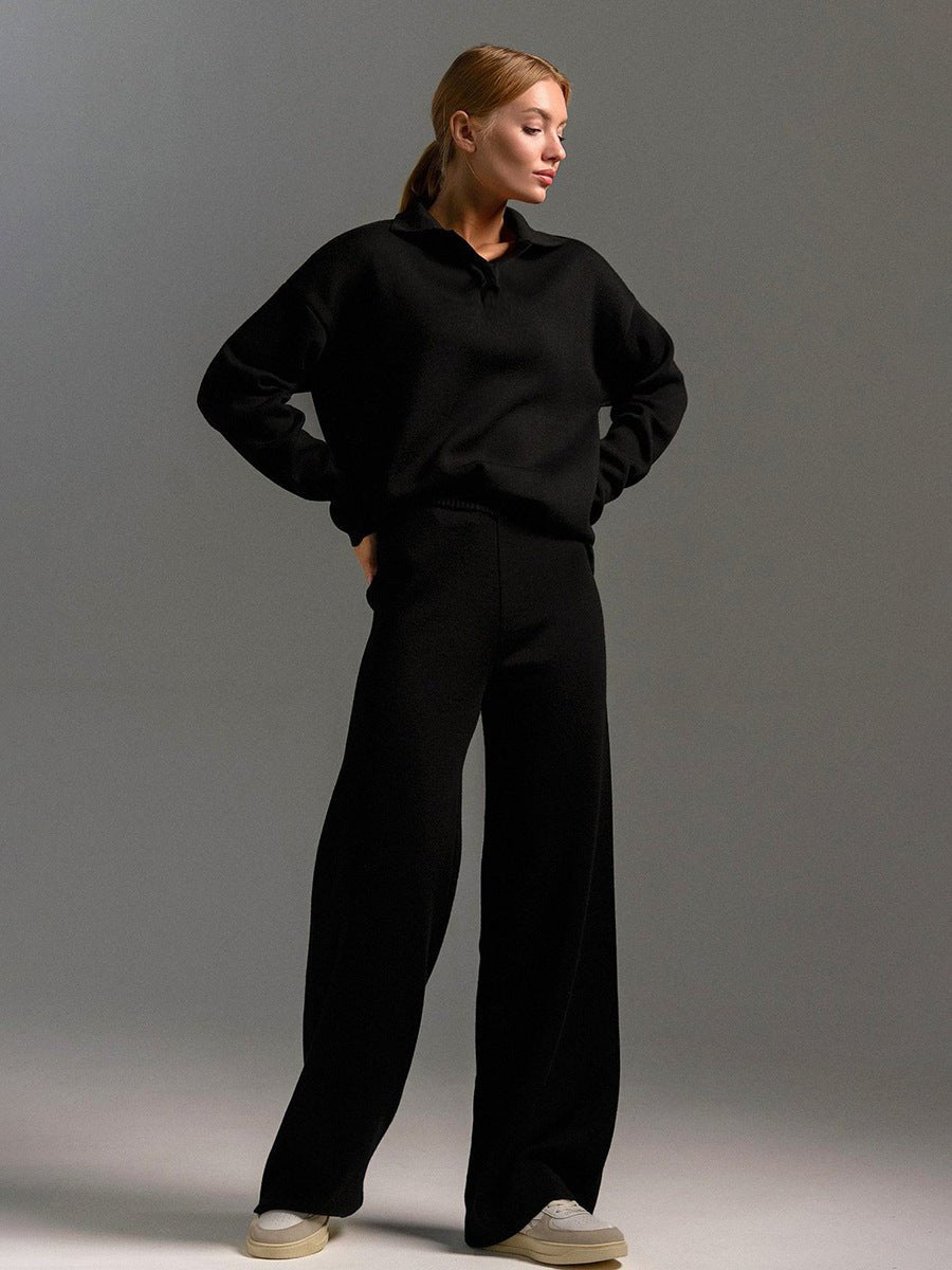 Polo collar knitted pullover + wide - leg trousers two - piece suit - Negative Apparel