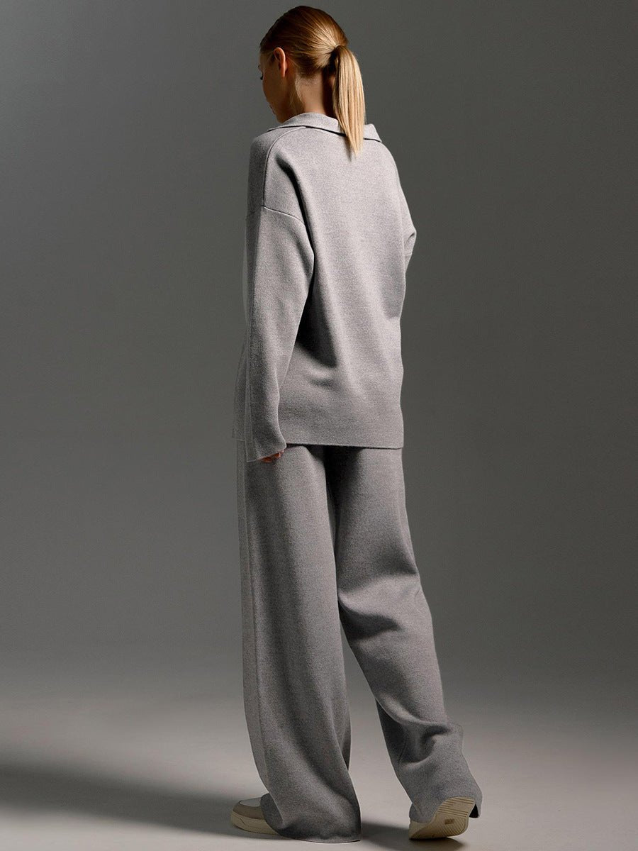 Polo collar knitted pullover + wide - leg trousers two - piece suit - Negative Apparel