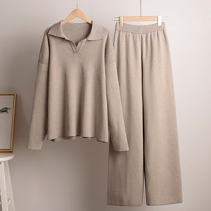 Polo collar knitted pullover + wide - leg trousers two - piece suit - Negative Apparel