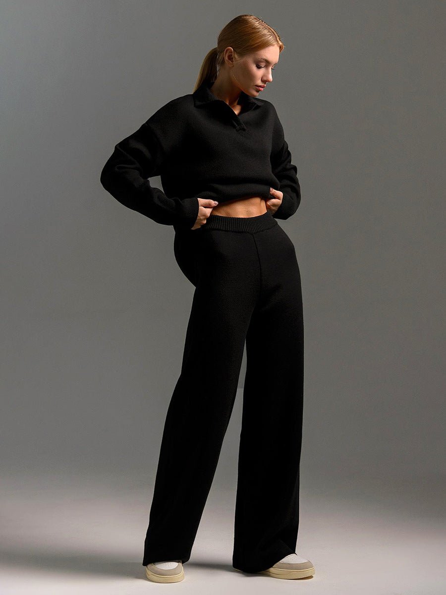 Polo collar knitted pullover + wide - leg trousers two - piece suit - Negative Apparel