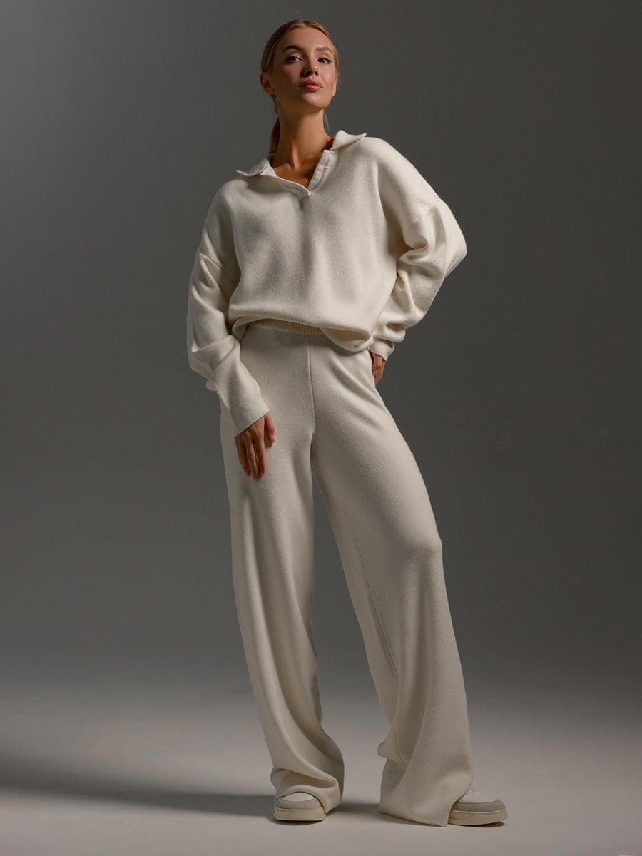 Polo collar knitted pullover + wide - leg trousers two - piece suit - Negative Apparel