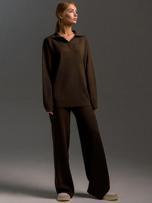 Polo collar knitted pullover + wide - leg trousers two - piece suit - Negative Apparel